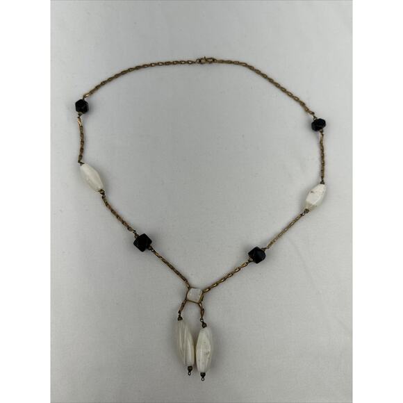 Vintage Semi Precious White Agate Onyx Beaded Brass Chain Lariat Necklace - Picture 3 of 8